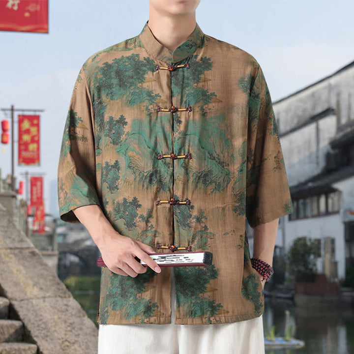 Camisa de lino y algodón de manga corta para hombre, con diseño de Buddha Stones, dragón, nubes auspiciosas, montañas verdes y botones de rana china. - image 6