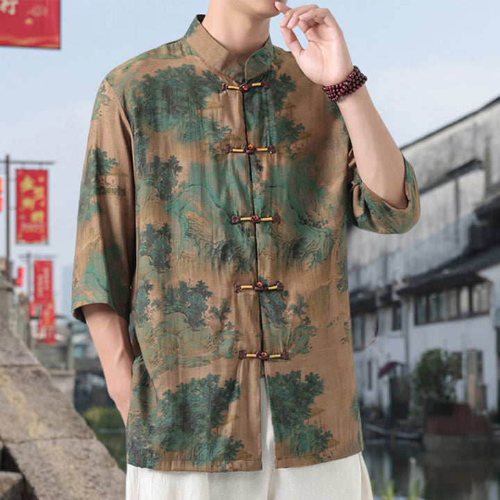 Camisa de lino y algodón de manga corta para hombre, con diseño de Buddha Stones, dragón, nubes auspiciosas, montañas verdes y botones de rana china. - image 7