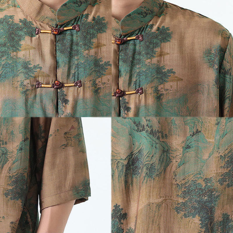 Camisa de lino y algodón de manga corta para hombre, con diseño de Buddha Stones, dragón, nubes auspiciosas, montañas verdes y botones de rana china. - image 12