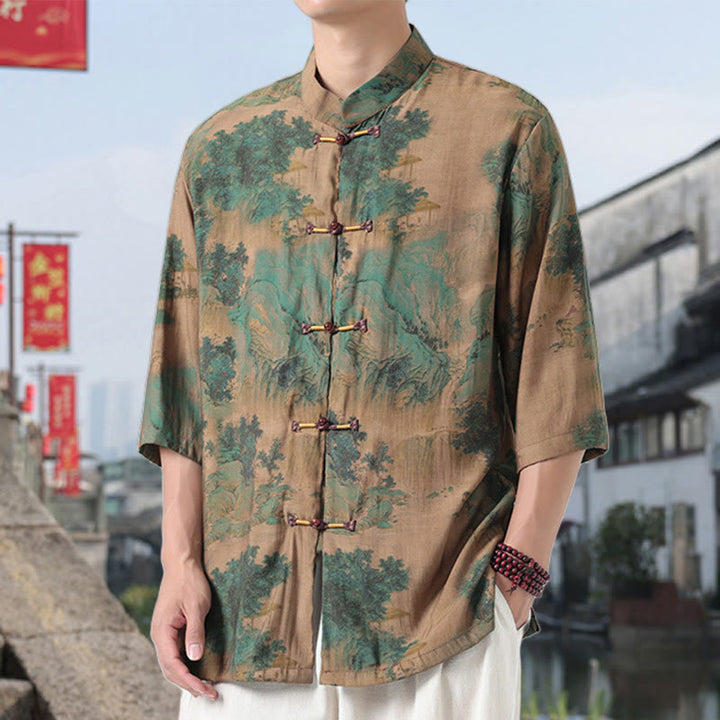 Camisa de lino y algodón de manga corta para hombre, con diseño de Buddha Stones, dragón, nubes auspiciosas, montañas verdes y botones de rana china. - image 9