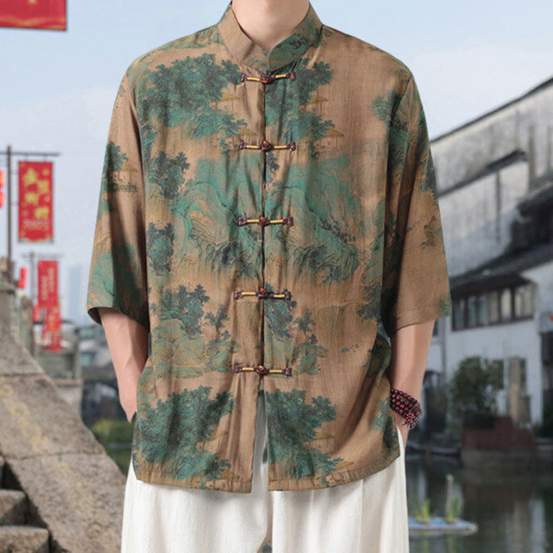 Camisa de lino y algodón de manga corta para hombre, con diseño de Buddha Stones, dragón, nubes auspiciosas, montañas verdes y botones de rana china. - Caqui oscuro - US/UK/AU46, EU56 (5XL) - image 5