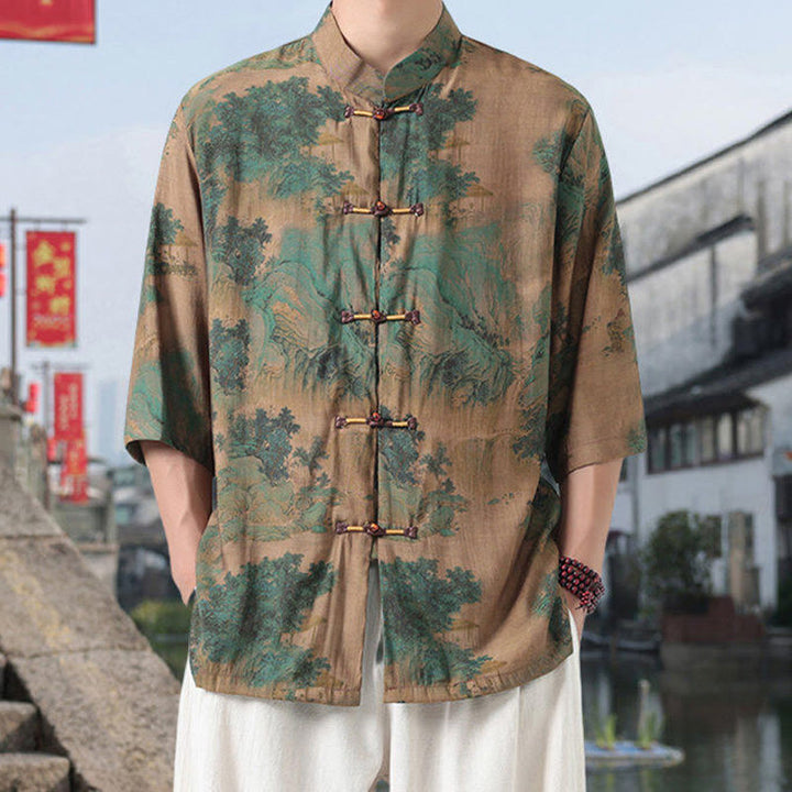 Camisa de lino y algodón de manga corta para hombre, con diseño de Buddha Stones, dragón, nubes auspiciosas, montañas verdes y botones de rana china. - Caqui oscuro - US/UK/AU46, EU56 (5XL) - image 5