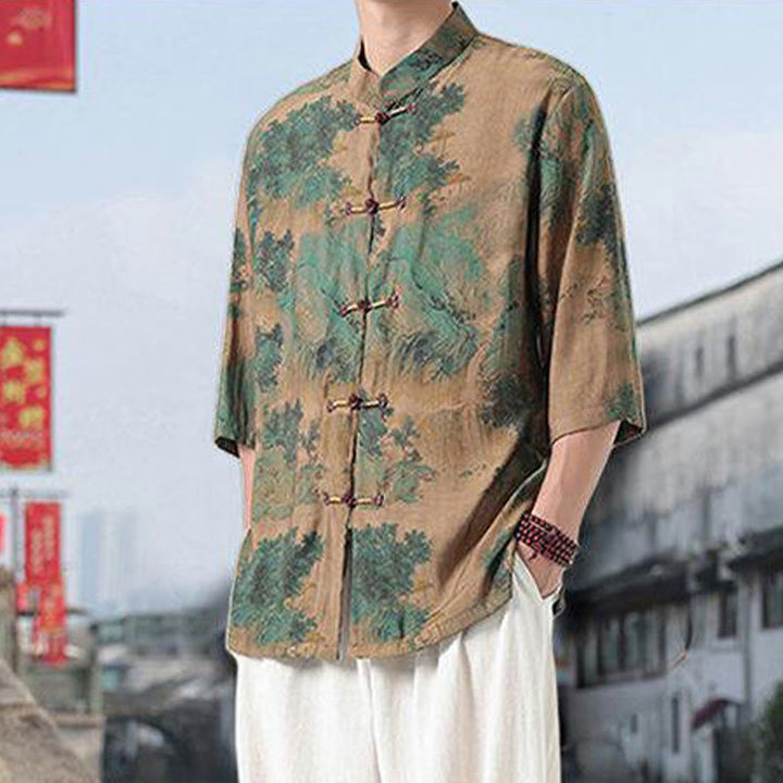 Camisa de lino y algodón de manga corta para hombre, con diseño de Buddha Stones, dragón, nubes auspiciosas, montañas verdes y botones de rana china. - image 8