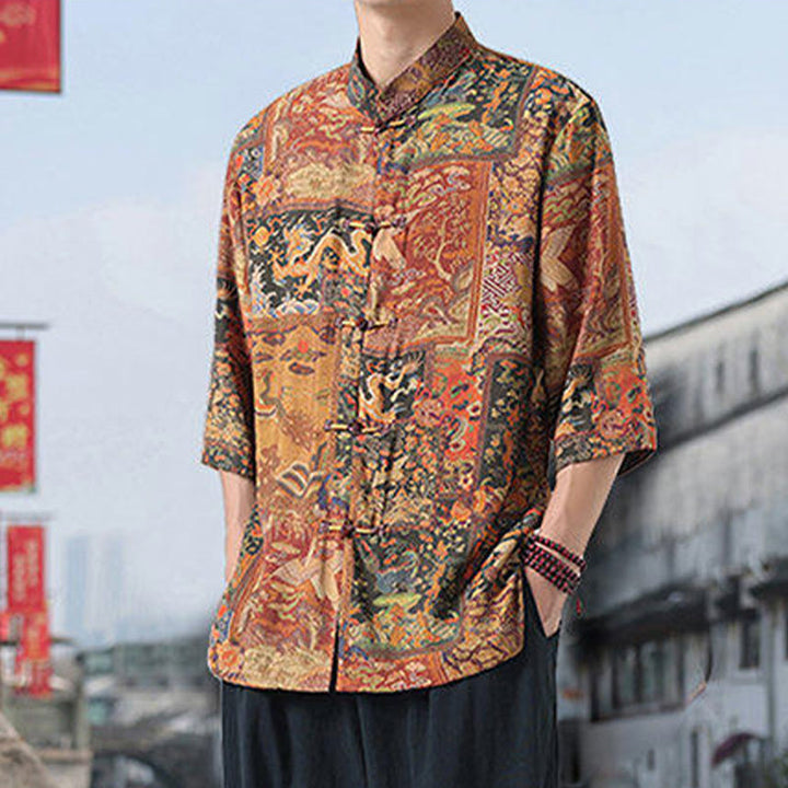 Camisa de lino y algodón de manga corta para hombre, con diseño de Buddha Stones, dragón, nubes auspiciosas, montañas verdes y botones de rana china. - image 4