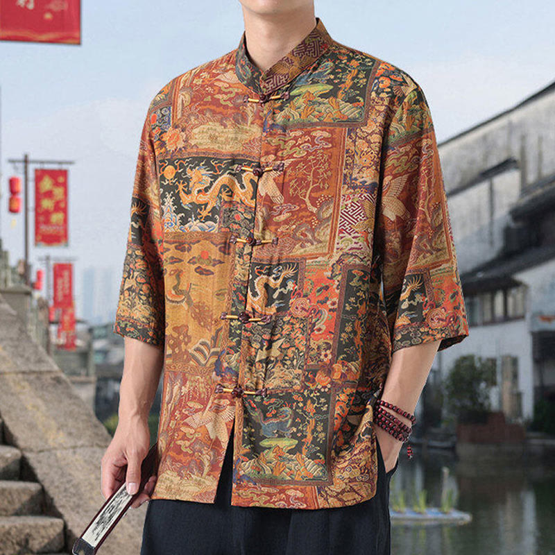 Camisa de lino y algodón de manga corta para hombre, con diseño de Buddha Stones, dragón, nubes auspiciosas, montañas verdes y botones de rana china. - image 2