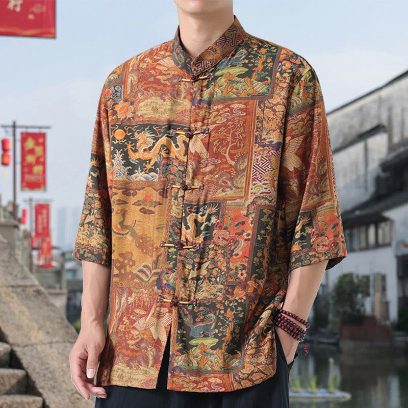 Camisa de lino y algodón de manga corta para hombre, con diseño de Buddha Stones, dragón, nubes auspiciosas, montañas verdes y botones de rana china. - image 3