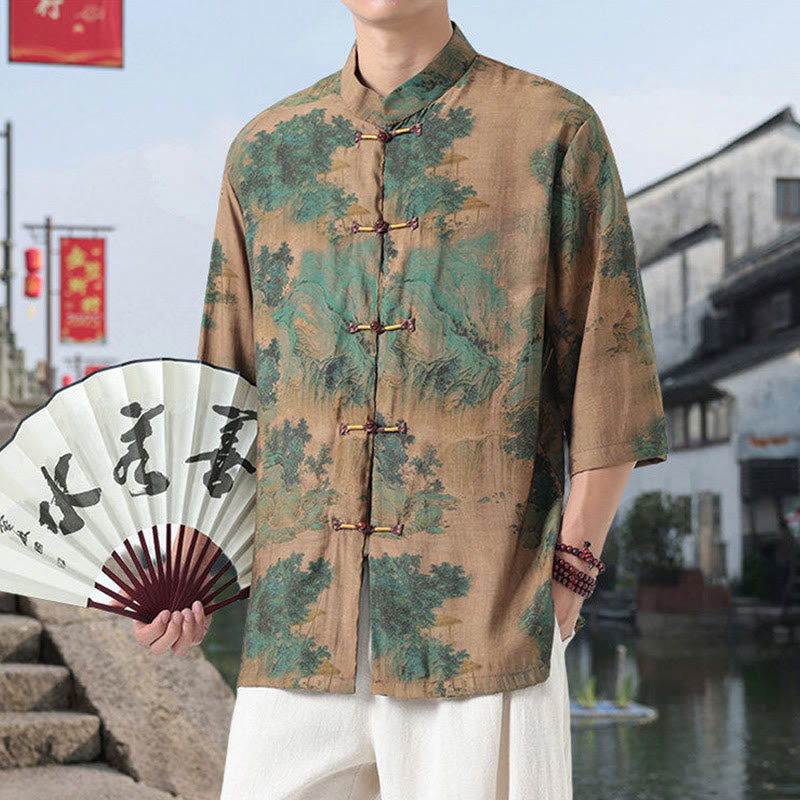 Camisa de lino y algodón de manga corta para hombre, con diseño de Buddha Stones, dragón, nubes auspiciosas, montañas verdes y botones de rana china. - image 11