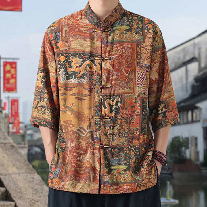 Camisa de lino y algodón de manga corta para hombre, con diseño de Buddha Stones, dragón, nubes auspiciosas, montañas verdes y botones de rana china. - Vara de oro - US/UK/AU46, EU56 (5XL) - image 0