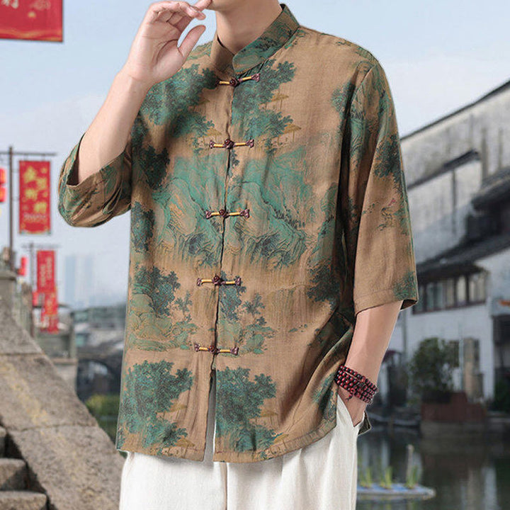 Camisa de lino y algodón de manga corta para hombre, con diseño de Buddha Stones, dragón, nubes auspiciosas, montañas verdes y botones de rana china. - image 10