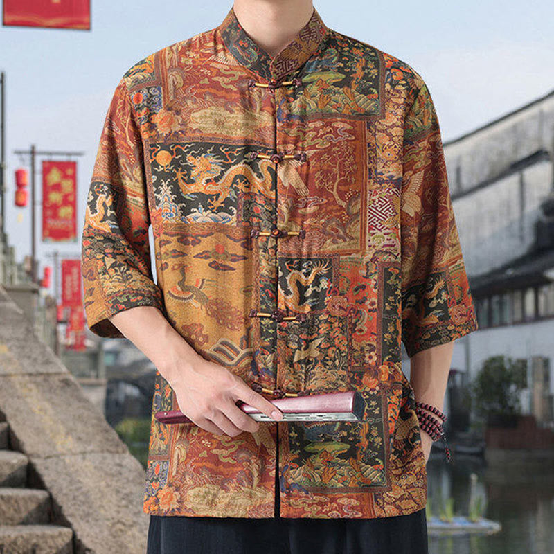 Camisa de lino y algodón de manga corta para hombre, con diseño de Buddha Stones, dragón, nubes auspiciosas, montañas verdes y botones de rana china. - image 1