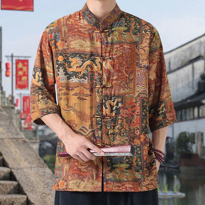 Camisa de lino y algodón de manga corta para hombre, con diseño de Buddha Stones, dragón, nubes auspiciosas, montañas verdes y botones de rana china. - image 1