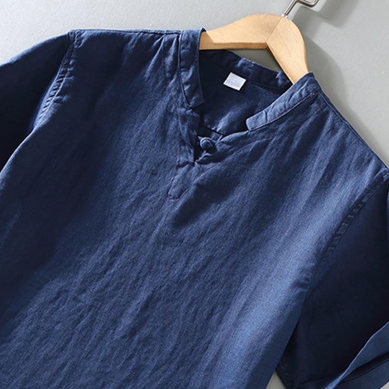 Camisa de lino de manga corta para hombre con diseño sólido de verano Buddha Stones - image 2
