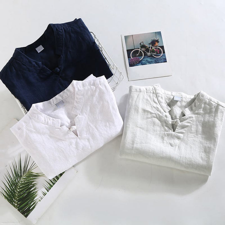 Camisa de lino de manga corta para hombre con diseño sólido de verano Buddha Stones - image 13