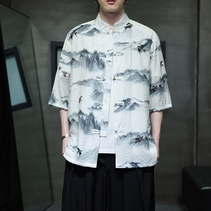 Camisa de lino y algodón de manga corta para hombre, traje Tang chino con Buddha Stones - Blanco - US/UK/AU46, EU56 (5XL) - image 1