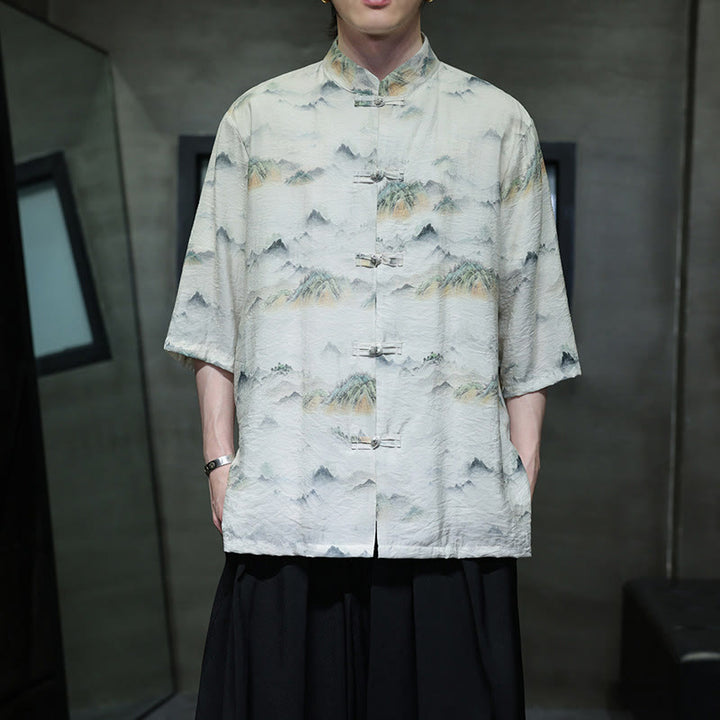 Camisa de lino y algodón de manga corta para hombre, traje Tang chino con Buddha Stones - Lino - US/UK/AU46, EU56 (5XL) - image 13