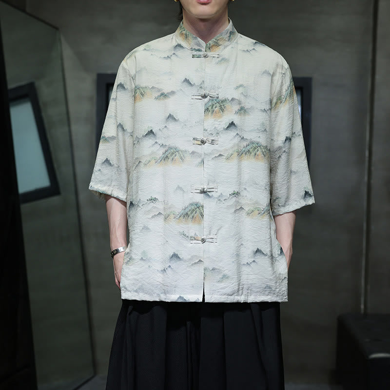 Camisa de lino y algodón de manga corta para hombre, traje Tang chino con Buddha Stones - Lino - US/UK/AU46, EU56 (5XL) - image 14