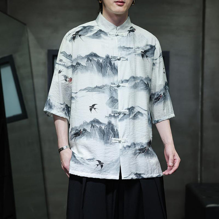 Camisa de lino y algodón de manga corta para hombre, traje Tang chino con Buddha Stones - image 2
