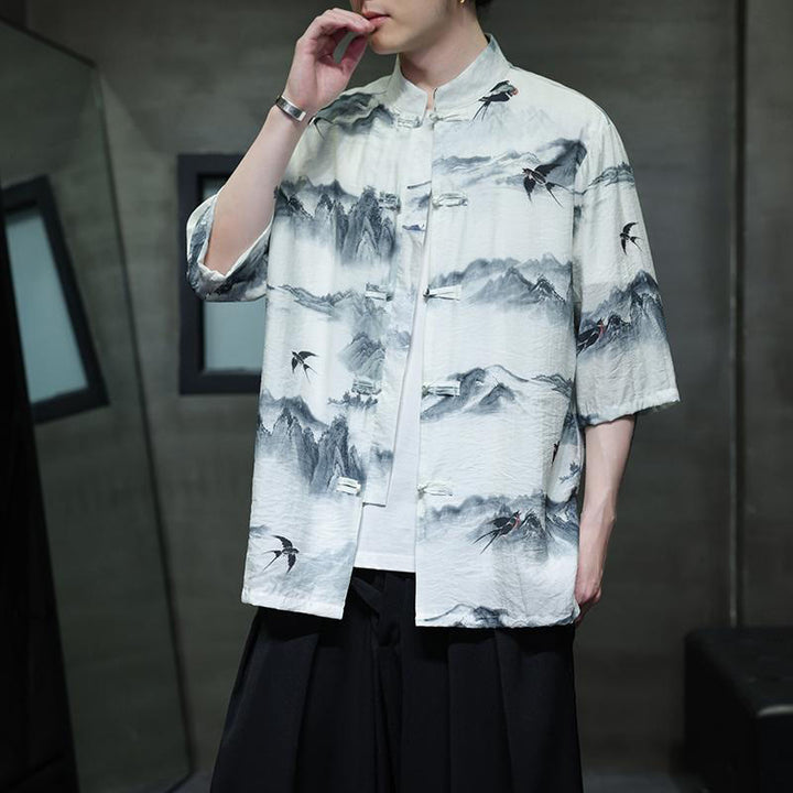 Camisa de lino y algodón de manga corta para hombre, traje Tang chino con Buddha Stones - image 8