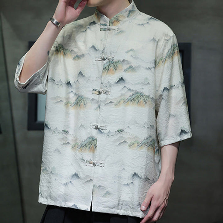 Camisa de lino y algodón de manga corta para hombre, traje Tang chino con Buddha Stones - image 19