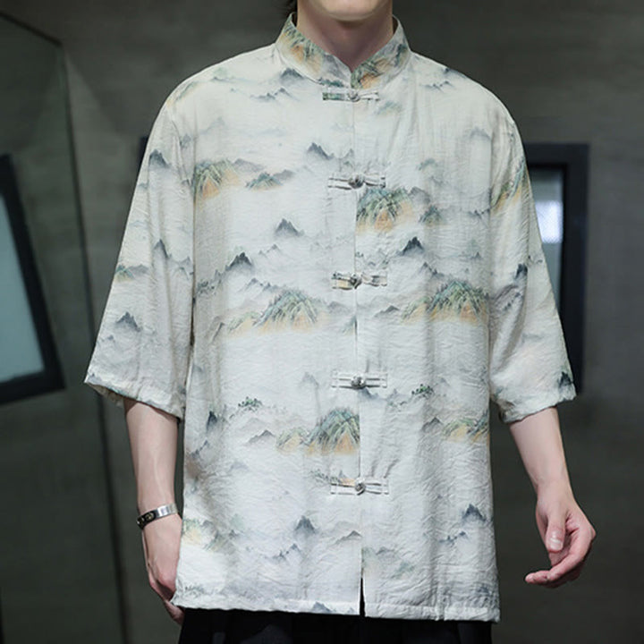 Camisa de lino y algodón de manga corta para hombre, traje Tang chino con Buddha Stones - image 16