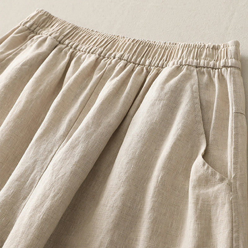 Pantalones de lino y algodón con bolsillos para mujer, de pierna ancha, con cintura elástica, de color liso, para uso diario en verano - image 1