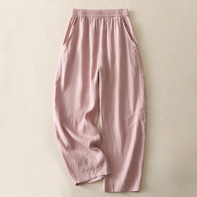 Pantalones de lino y algodón con bolsillos para mujer, de pierna ancha, con cintura elástica, de color liso, para uso diario en verano - Coral claro - US8-10，UK/AU12-14，EU40-42 (2XL) - image 8