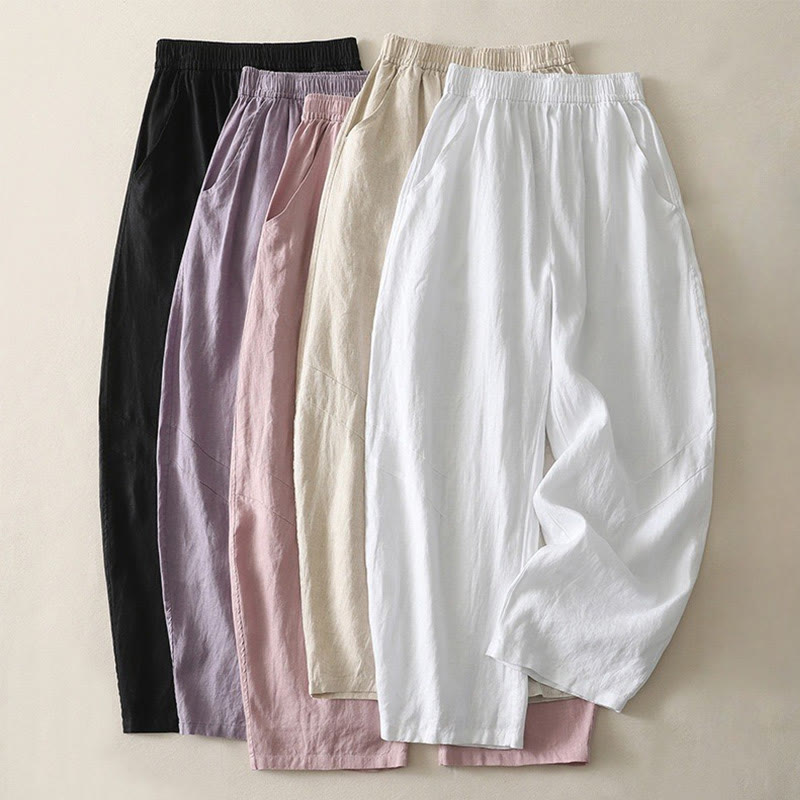 Pantalones de lino y algodón con bolsillos para mujer, de pierna ancha, con cintura elástica, de color liso, para uso diario en verano - image 26