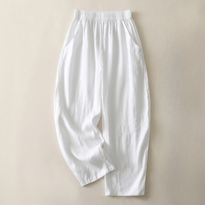 Pantalones de lino y algodón con bolsillos para mujer, de pierna ancha, con cintura elástica, de color liso, para uso diario en verano - image 13