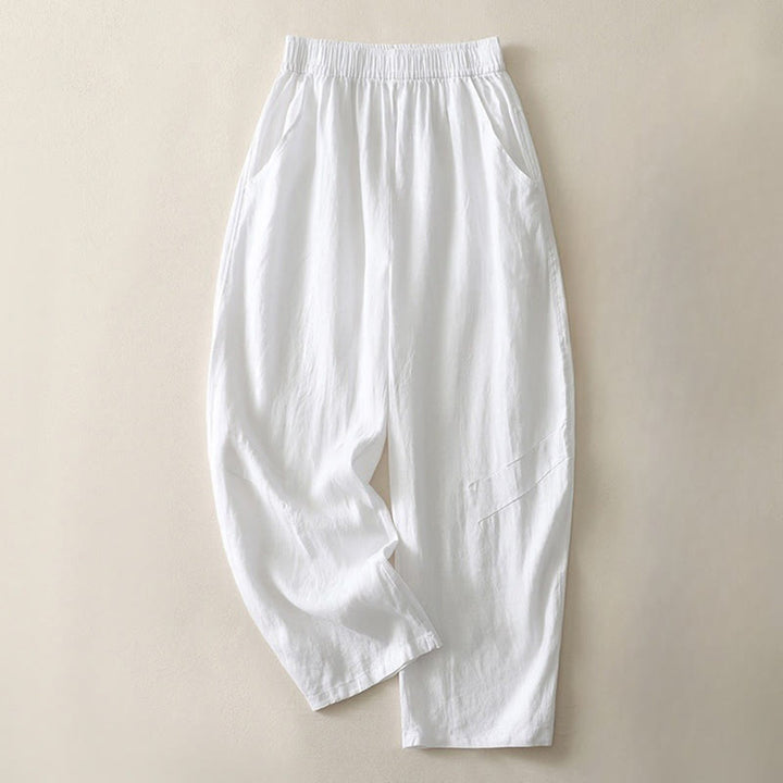 Pantalones de lino y algodón con bolsillos para mujer, de pierna ancha, con cintura elástica, de color liso, para uso diario en verano - image 13