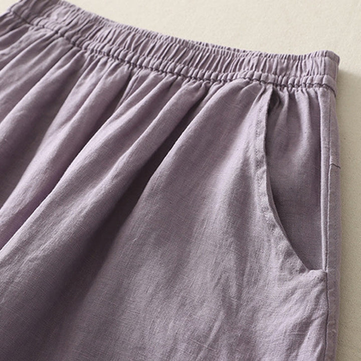 Pantalones de lino y algodón con bolsillos para mujer, de pierna ancha, con cintura elástica, de color liso, para uso diario en verano - image 5