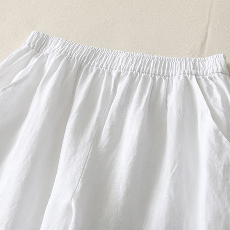 Pantalones de lino y algodón con bolsillos para mujer, de pierna ancha, con cintura elástica, de color liso, para uso diario en verano - image 15