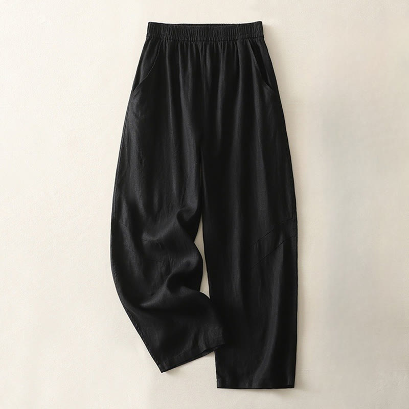 Pantalones de lino y algodón con bolsillos para mujer, de pierna ancha, con cintura elástica, de color liso, para uso diario en verano - Negro - US8-10，UK/AU12-14，EU40-42 (2XL) - image 22