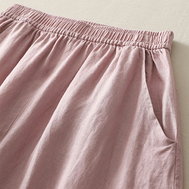 Pantalones de lino y algodón con bolsillos para mujer, de pierna ancha, con cintura elástica, de color liso, para uso diario en verano - image 9