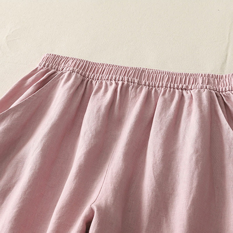 Pantalones de lino y algodón con bolsillos para mujer, de pierna ancha, con cintura elástica, de color liso, para uso diario en verano - image 10