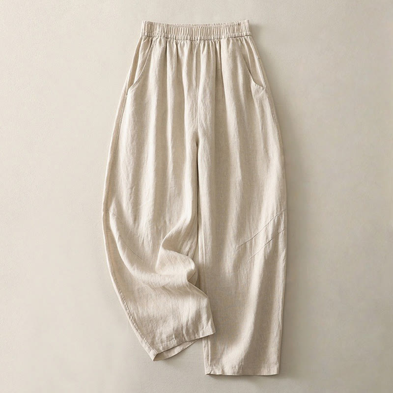 Pantalones de mujer de pierna ancha con bolsillos, color liso y cintura elástica, con estampado de Buddha Stones, ideales para el verano. - Beige - US8-10，UK/AU12-14，EU40-42 (2XL) - image 0
