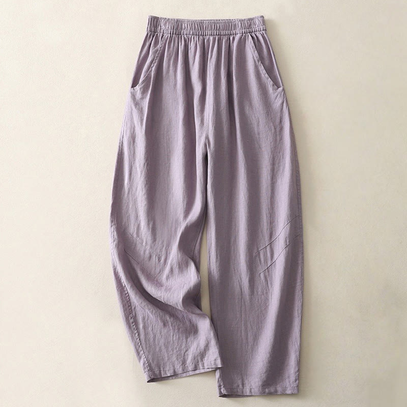 Pantalones de lino y algodón con bolsillos para mujer, de pierna ancha, con cintura elástica, de color liso, para uso diario en verano - Morado medio - US8-10，UK/AU12-14，EU40-42 (2XL) - image 4