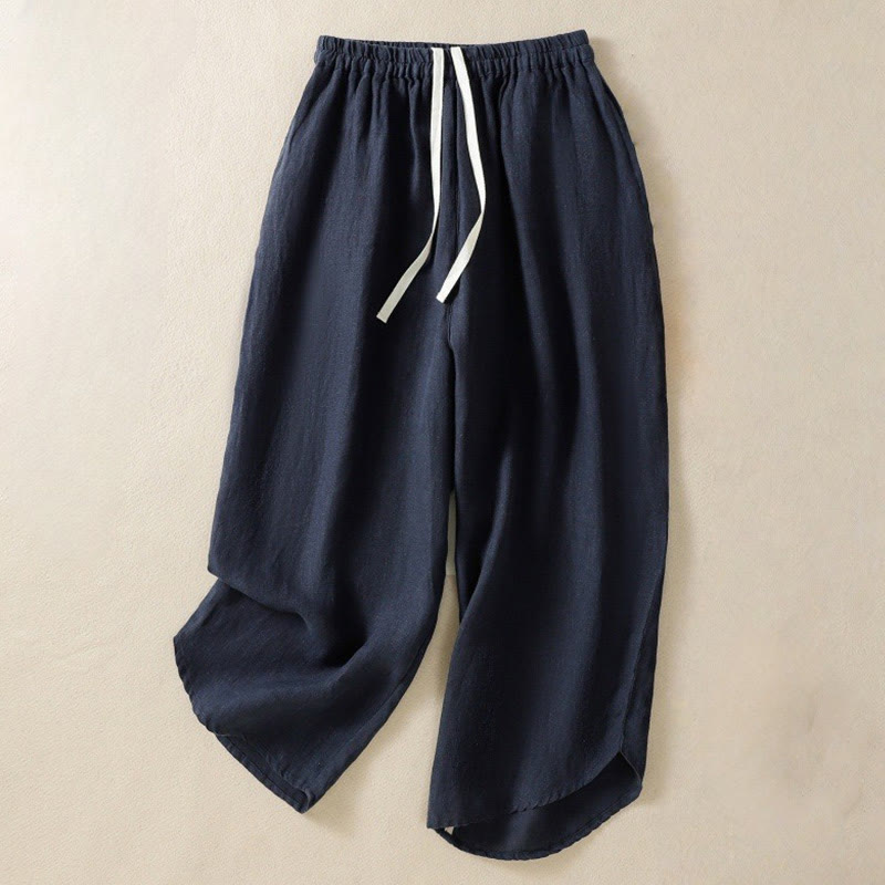 Pantalones casuales de algodón con diseño de cordón y Buddha Stones para mujer, de largo 7-8, con bolsillos - Azul medianoche - US8-10，UK/AU12-14，EU40-42 (2XL) - image 0