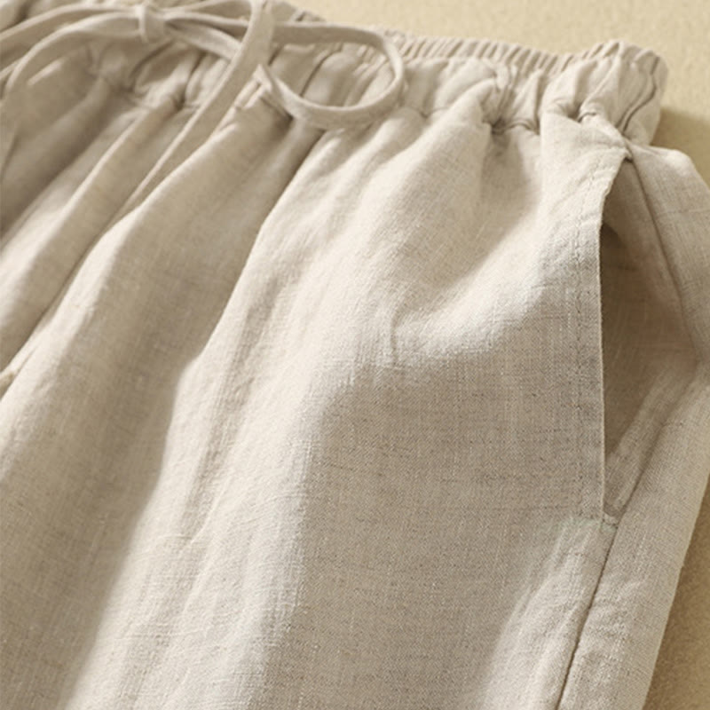 Pantalones casuales retro con bordado de Buddha Stones, de algodón y lino, para mujer, de longitud 7-8, con bolsillos - image 3