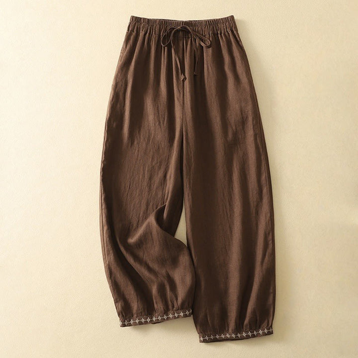 Pantalones casuales retro con bordado y cordón ajustable para mujer, con diseño de Buddha Stones, largo 7-8 y bolsillos. - Marrón silla de montar - US8-10，UK/AU12-14，EU40-42 (2XL) - image 13