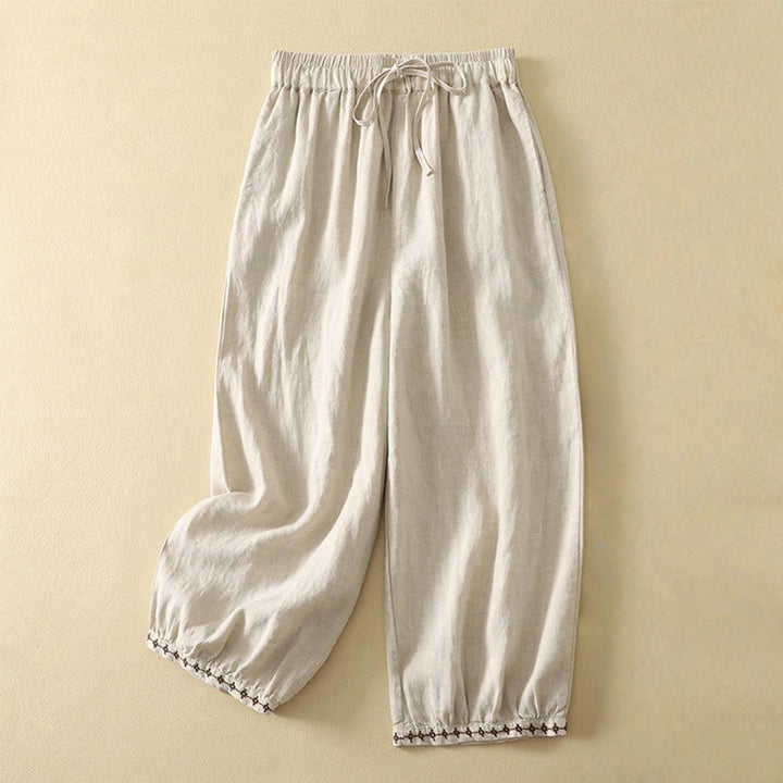 Pantalones casuales retro con bordado y cordón ajustable para mujer, con diseño de Buddha Stones, largo 7-8 y bolsillos. - Lino - US8-10，UK/AU12-14，EU40-42 (2XL) - image 0