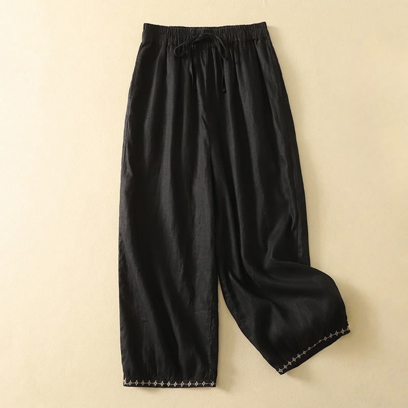Pantalones casuales retro con bordado y cordón ajustable para mujer, con diseño de Buddha Stones, largo 7-8 y bolsillos. - Negro - US8-10，UK/AU12-14，EU40-42 (2XL) - image 9