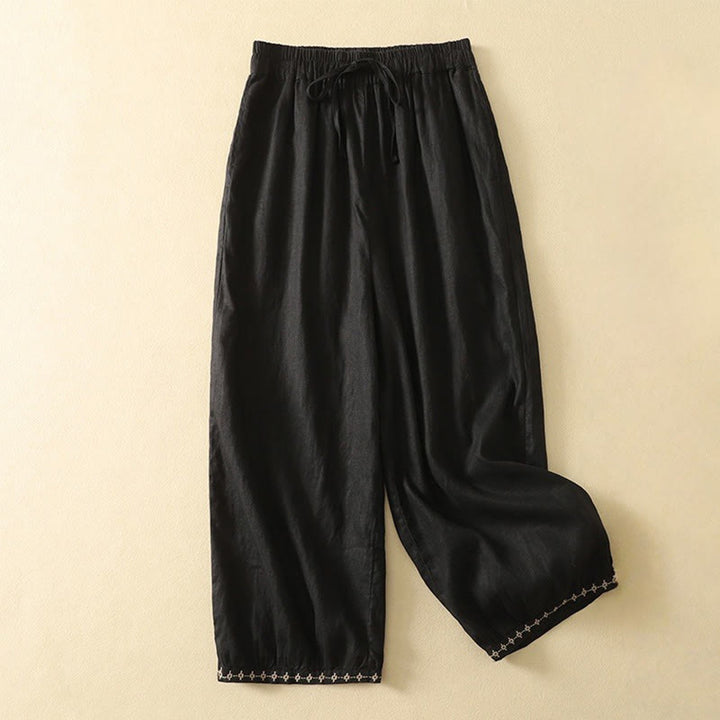 Pantalones casuales retro con bordado y cordón ajustable para mujer, con diseño de Buddha Stones, largo 7-8 y bolsillos. - Negro - US8-10，UK/AU12-14，EU40-42 (2XL) - image 9
