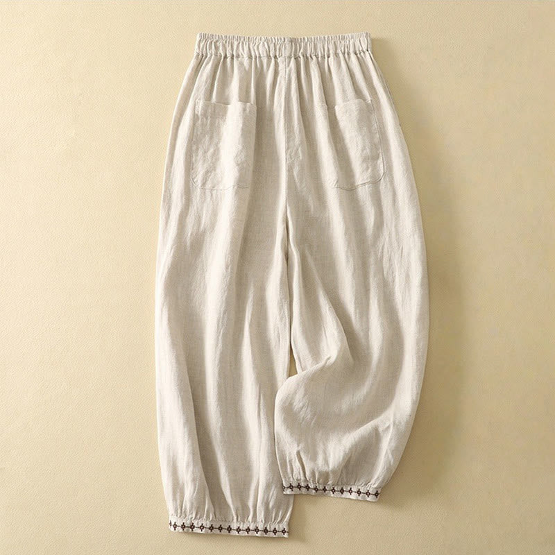 Pantalones casuales retro con bordado de Buddha Stones, de algodón y lino, para mujer, de longitud 7-8, con bolsillos - image 1