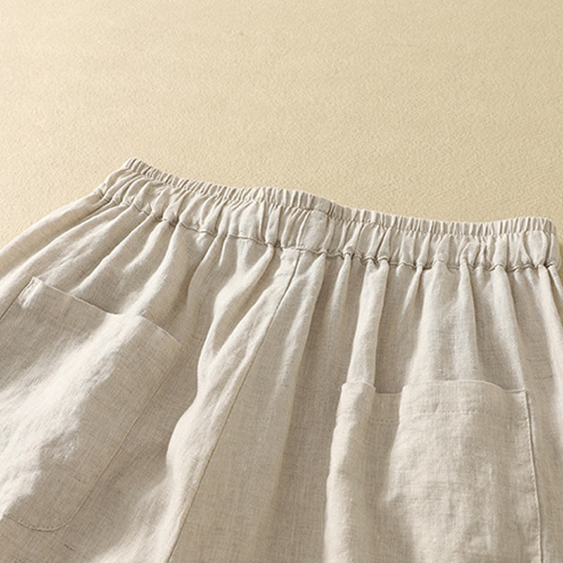 Pantalones casuales retro con bordado de Buddha Stones, de algodón y lino, para mujer, de longitud 7-8, con bolsillos - image 4