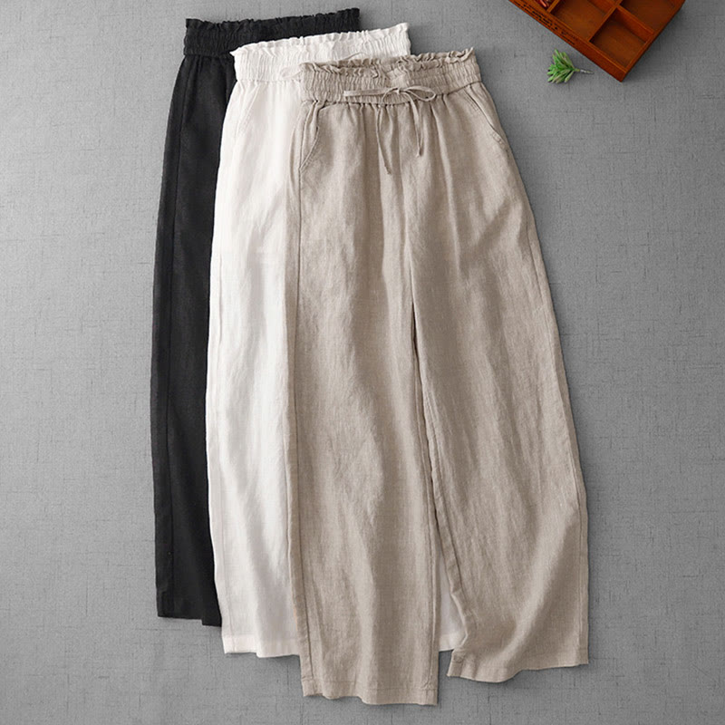 Pantalones casuales de Buddha Stones con cintura alta, volantes y cordón ajustable para mujer, con bolsillos y pernera ancha. - image 26
