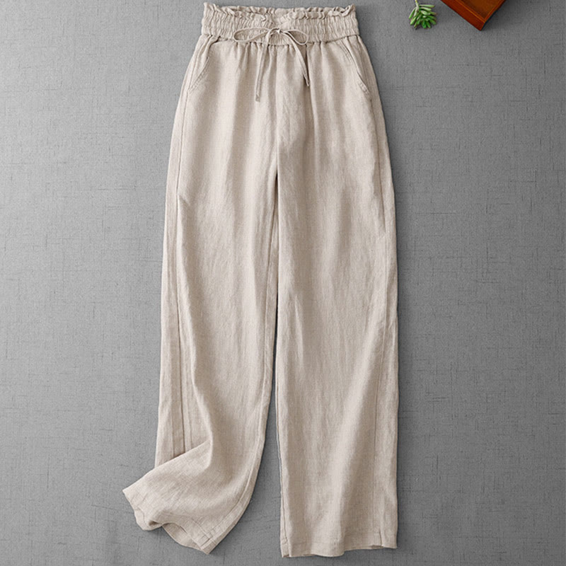 Pantalones casuales de Buddha Stones con cintura alta, volantes y cordón ajustable para mujer, con bolsillos y pernera ancha. - image 1