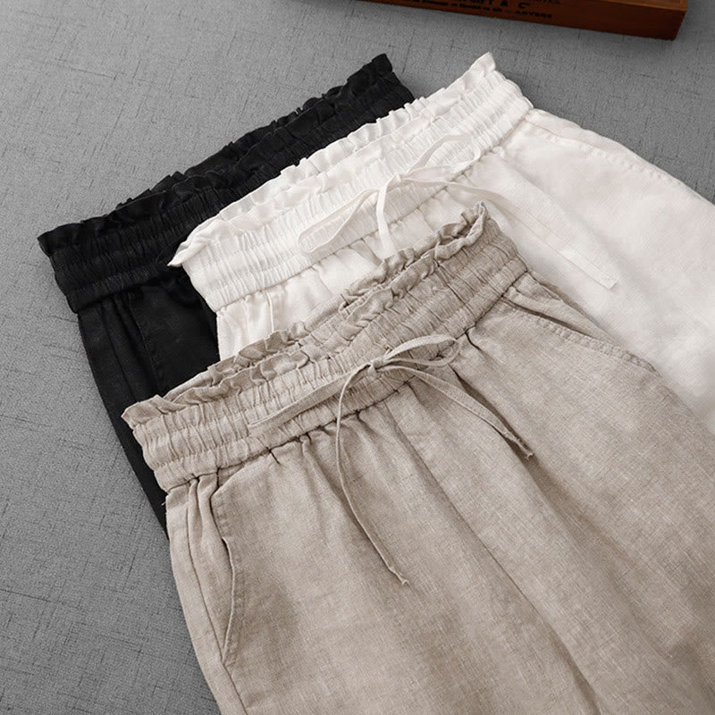Pantalones casuales de Buddha Stones con cintura alta, volantes y cordón ajustable para mujer, con bolsillos y pernera ancha. - image 24