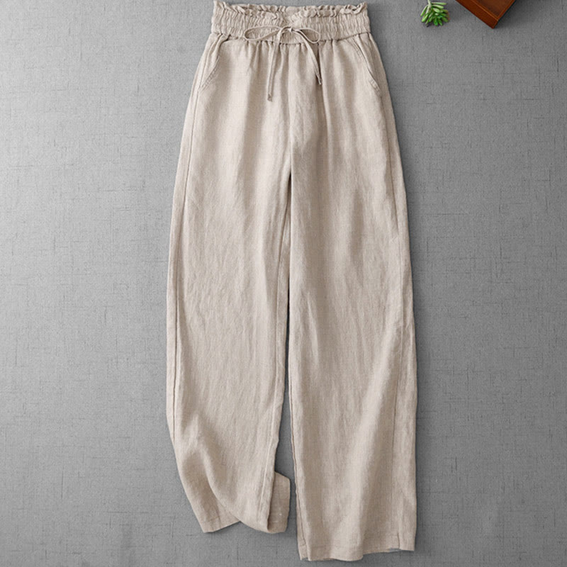 Pantalones casuales de Buddha Stones con cintura alta, volantes y cordón ajustable para mujer, con bolsillos y pernera ancha. - Lino - US12, UK/AU16, EU44 (2XL) - image 0