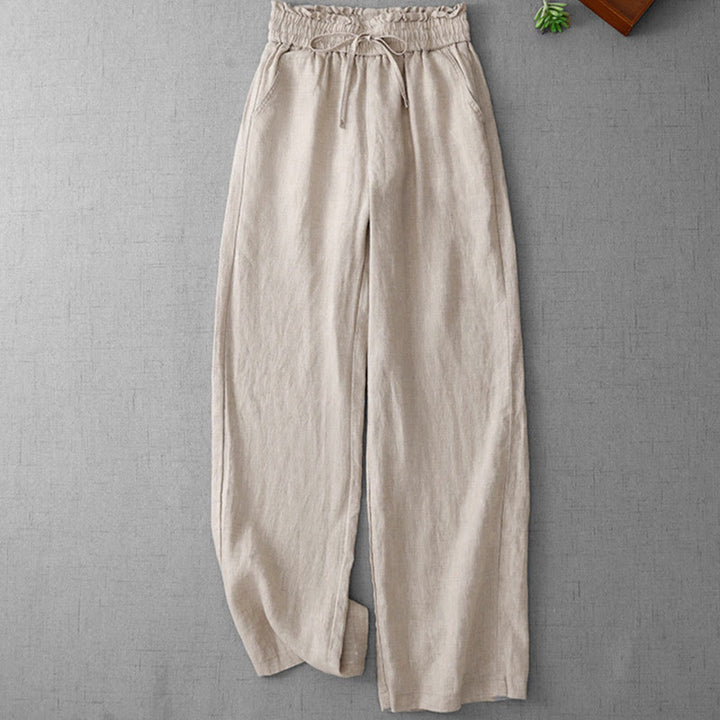 Pantalones casuales de Buddha Stones con cintura alta, volantes y cordón ajustable para mujer, con bolsillos y pernera ancha. - Lino - US12, UK/AU16, EU44 (2XL) - image 0