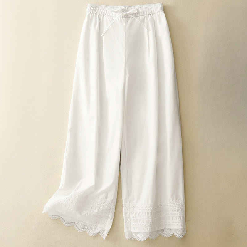 Pantalones de algodón hasta el tobillo con pernera ancha y bolsillos para mujer, diseño de patchwork, encaje liso y cordón ajustable, Buddha Stones Commute - Blanco - US12, UK/AU16, EU44 (2XL) - image 8